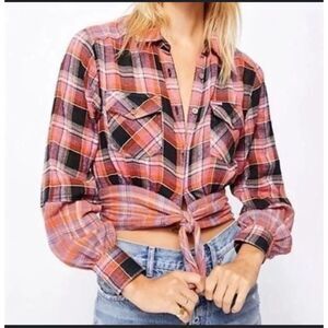 NWT Free People We The Free First Bloom Plaid Top, Washed Pop, Size M